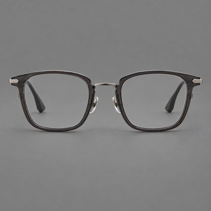Bold square titanium glasses with a separate bridge and long metal corner accents in Gunmetal, front view side view