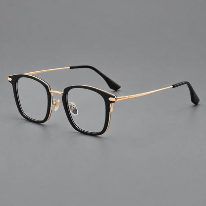 Bold square titanium glasses with a separate bridge and long metal corner accents in Black and Gold, three quarter view front view