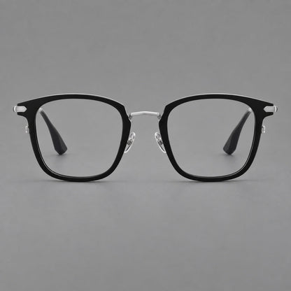 Bold square titanium glasses with a separate bridge and long metal corner accents in Black and Silver, front view temple detail