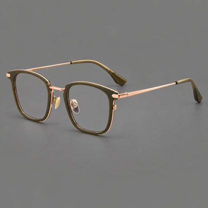 Bold square titanium glasses with a separate bridge and long metal corner accents in Olive Green and Rose Gold, three quarter view additional product view