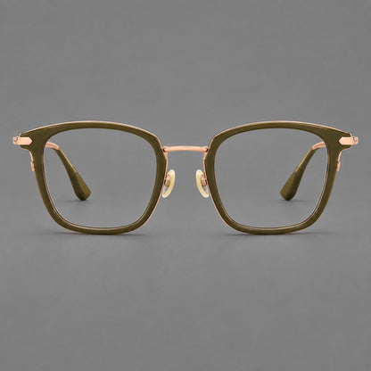 Bold square titanium glasses with a separate bridge and long metal corner accents in Olive Green and Rose Gold, front view additional product view