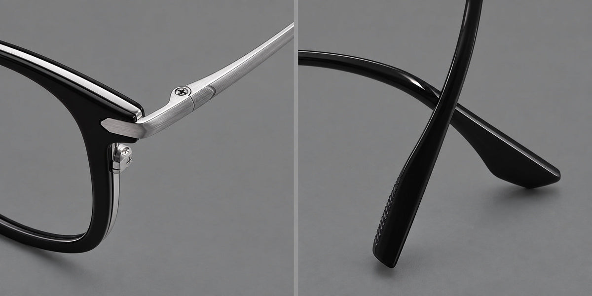 Bold square titanium glasses with a separate bridge and long metal corner accents, frame details