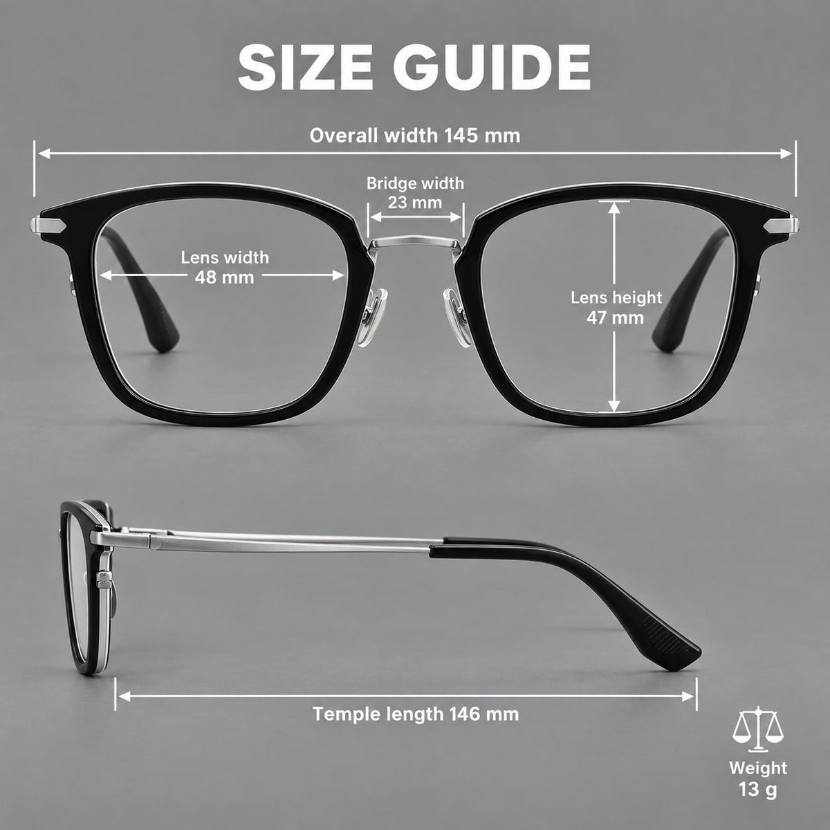 Bold square titanium glasses with a separate bridge and long metal corner accents, size guide in millimetres