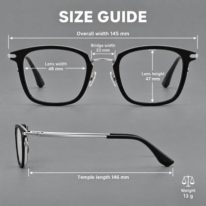 Bold square titanium glasses with a separate bridge and long metal corner accents, size guide in millimetres additional product view
