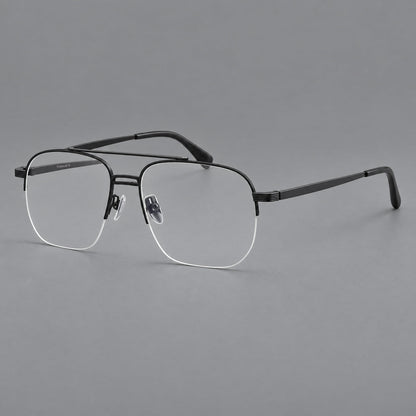 Angular aviator titanium glasses with a double bridge and an open lower rim in Matte Black, three quarter view