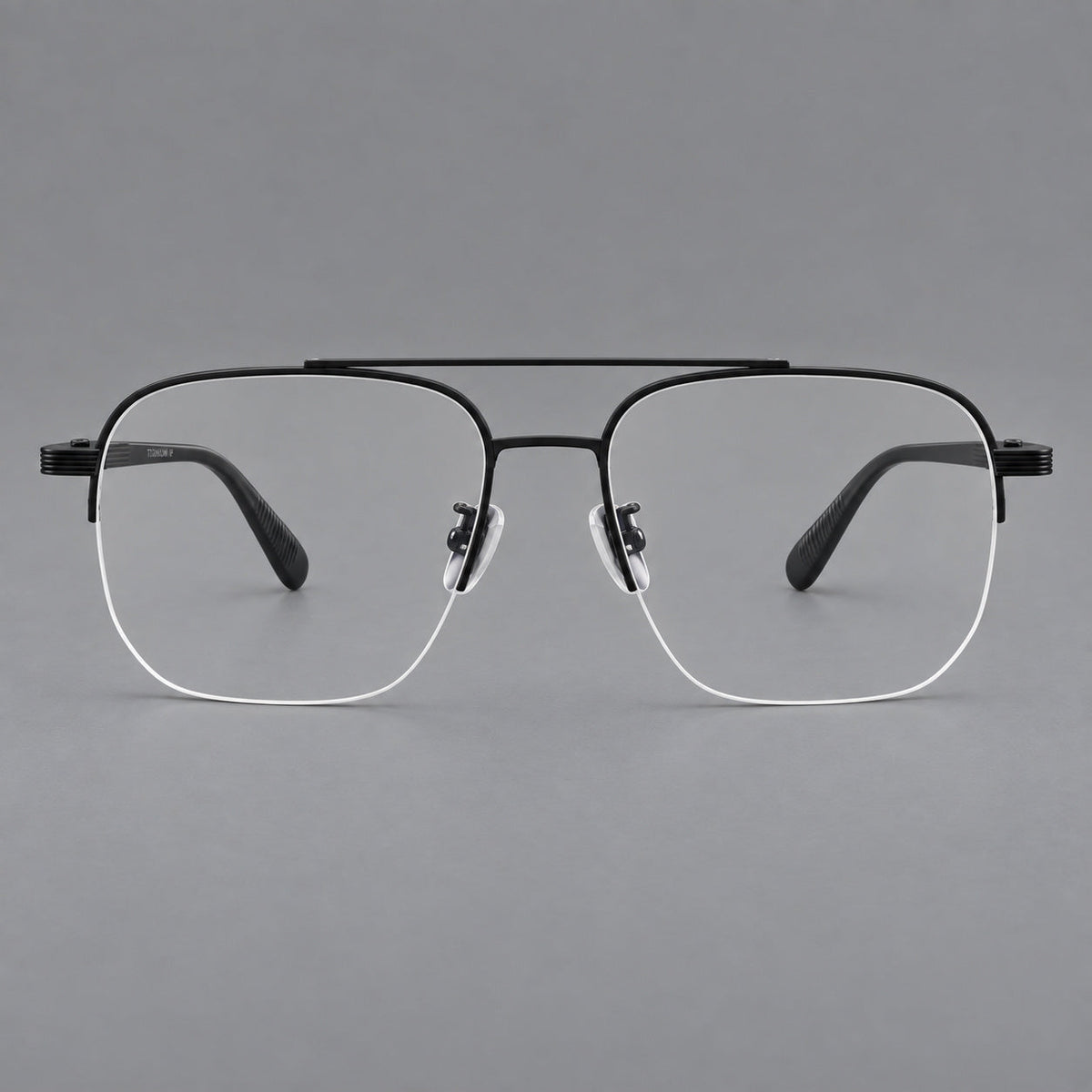 Angular aviator titanium glasses with a double bridge and an open lower rim in Matte Black, front view