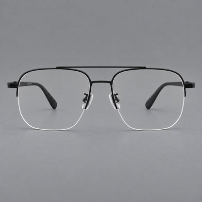 Angular aviator titanium glasses with a double bridge and an open lower rim in Matte Black, front view side view