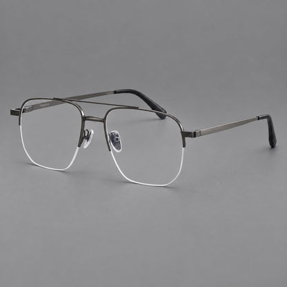 Angular aviator titanium glasses with a double bridge and an open lower rim in Gunmetal, three quarter view front view