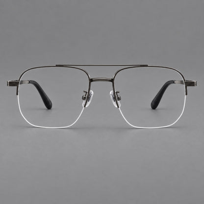 Angular aviator titanium glasses with a double bridge and an open lower rim in Gunmetal, front view frame detail