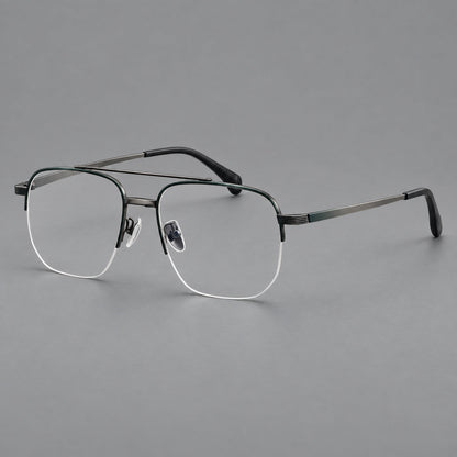 Angular aviator titanium glasses with a double bridge and an open lower rim in Dark Green and Gunmetal, three quarter view lens detail