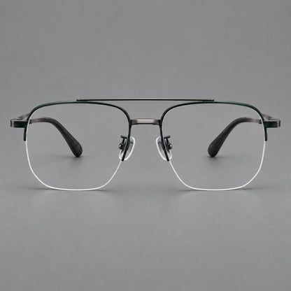 Angular aviator titanium glasses with a double bridge and an open lower rim in Dark Green and Gunmetal, front view temple detail