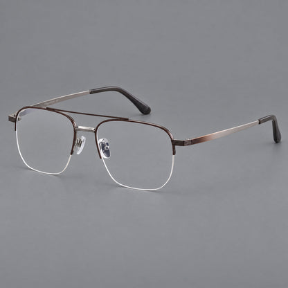 Angular aviator titanium glasses with a double bridge and an open lower rim in Brown and Silver, three quarter view additional product view