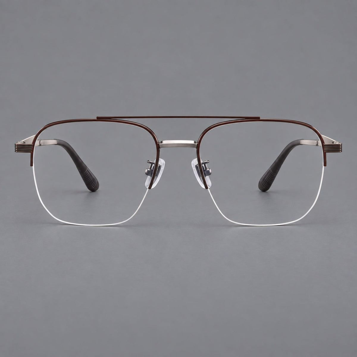 Angular aviator titanium glasses with a double bridge and an open lower rim in Brown and Silver, front view