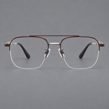 Angular aviator titanium glasses with a double bridge and an open lower rim in Brown and Silver, front view additional product view