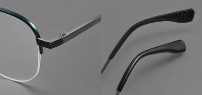 Angular aviator titanium glasses with a double bridge and an open lower rim, frame details additional product view