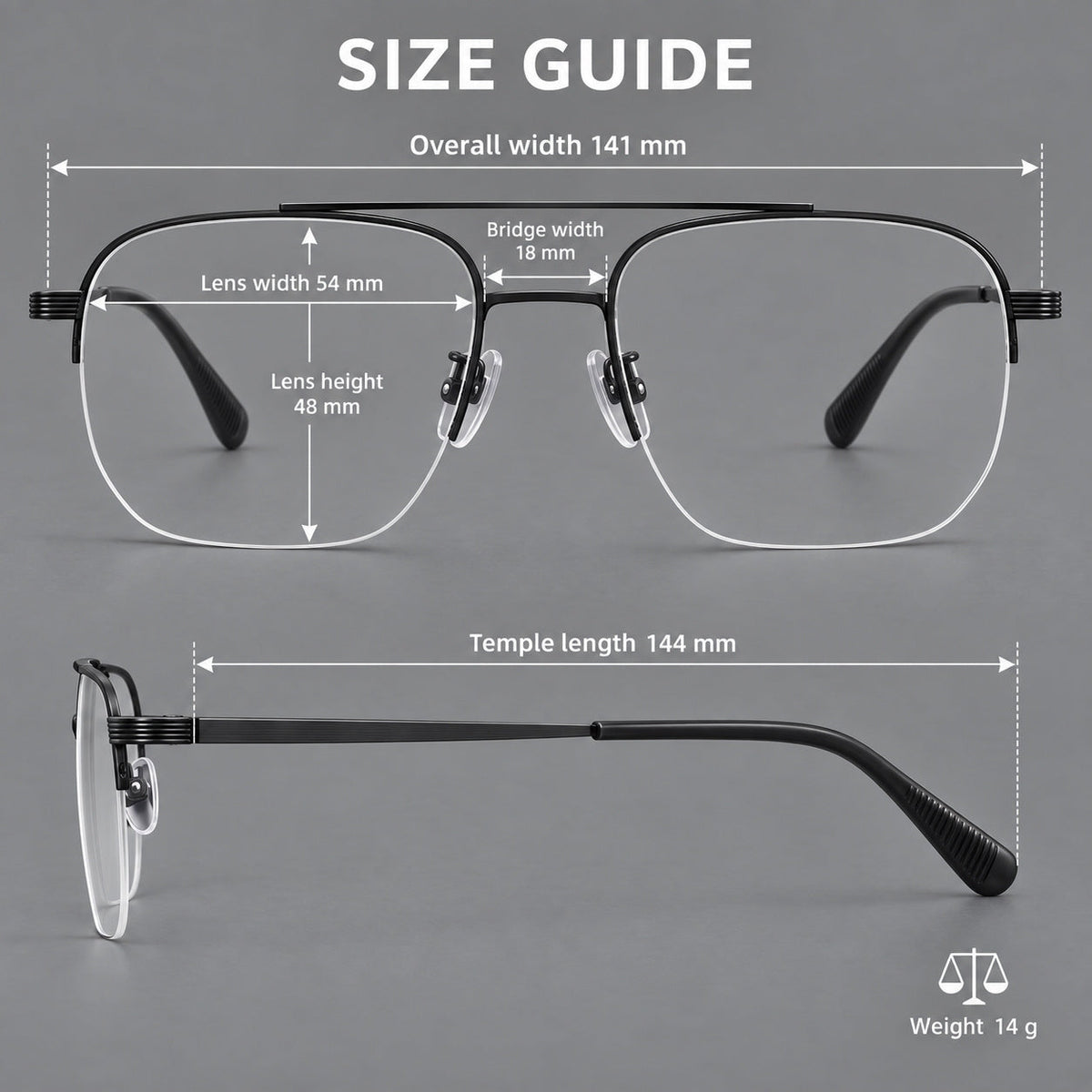 Angular aviator titanium glasses with a double bridge and an open lower rim, size guide in millimetres