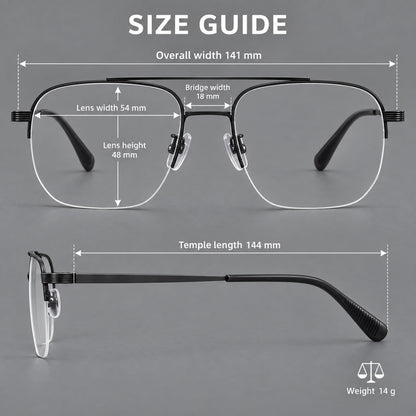 Angular aviator titanium glasses with a double bridge and an open lower rim, size guide in millimetres additional product view