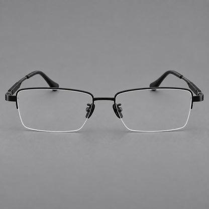 Modern half frame titanium glasses with a narrow bridge and dark temple sections in Black, front view side view
