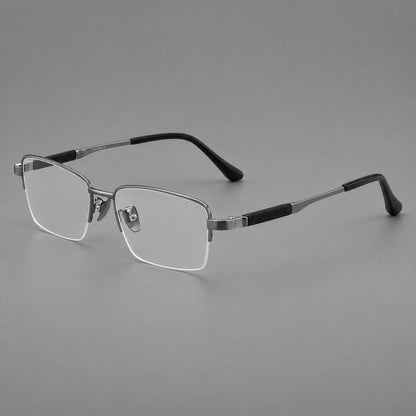 Modern half frame titanium glasses with a narrow bridge and dark temple sections in Gray, three quarter view front view
