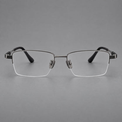 Modern half frame titanium glasses with a narrow bridge and dark temple sections in Gray, front view frame detail