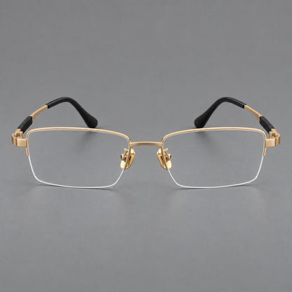 Modern half frame titanium glasses with a narrow bridge and dark temple sections in Gold, front view temple detail