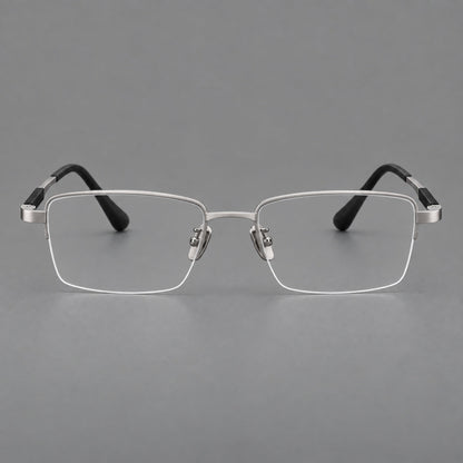Modern half frame titanium glasses with a narrow bridge and dark temple sections in Silver, front view additional product view