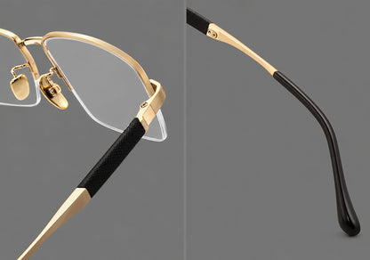 Modern half frame titanium glasses with a narrow bridge and dark temple sections, frame details additional product view