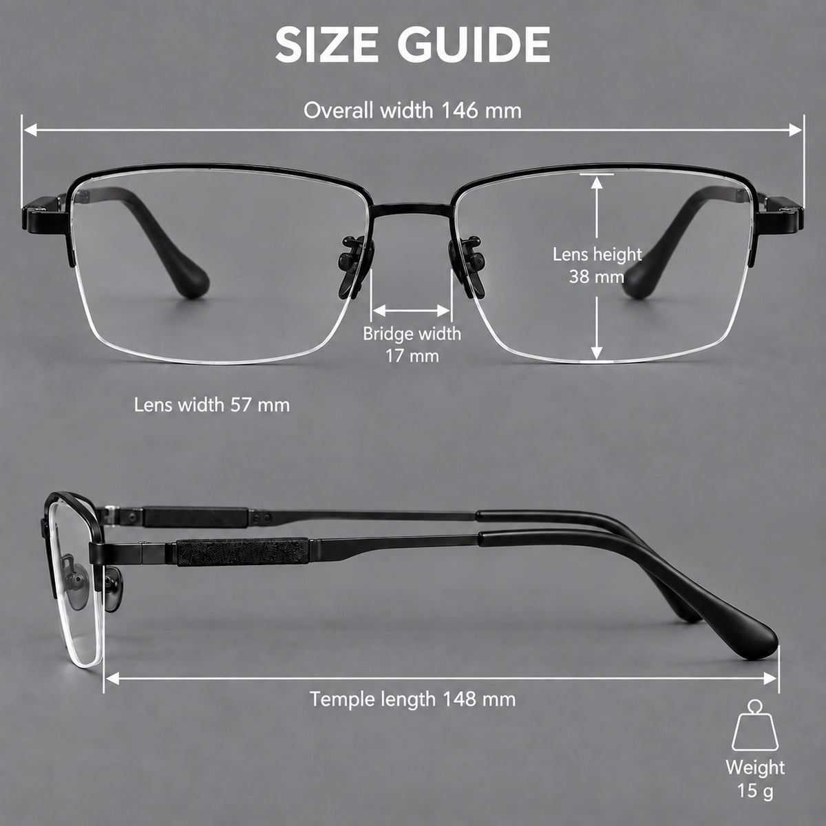 Modern half frame titanium glasses with a narrow bridge and dark temple sections, size guide in millimetres