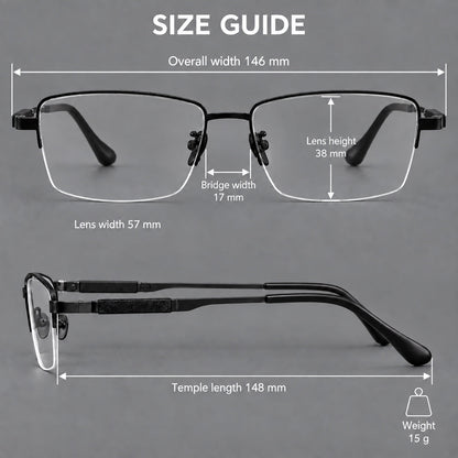 Modern half frame titanium glasses with a narrow bridge and dark temple sections, size guide in millimetres additional product view