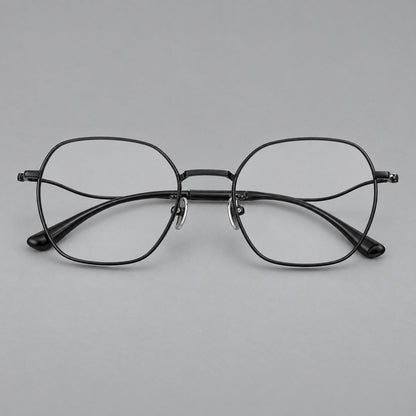 Geometric titanium glasses with engraved rim edges and curved temple joins in Black, front view side view