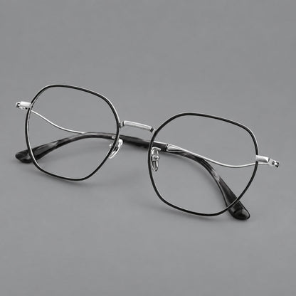 Geometric titanium glasses with engraved rim edges and curved temple joins in Black and Silver, three quarter view front view