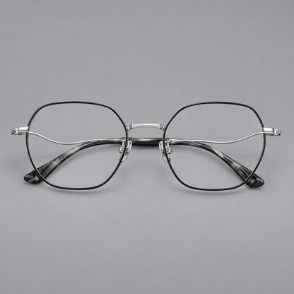 Geometric titanium glasses with engraved rim edges and curved temple joins in Black and Silver, front view frame detail