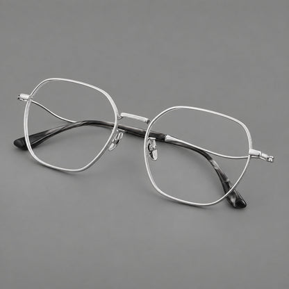 Geometric titanium glasses with engraved rim edges and curved temple joins in Silver, three quarter view additional product view