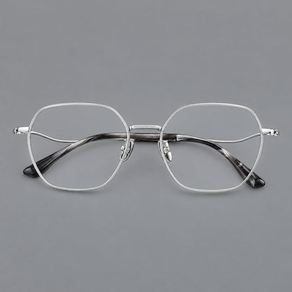 Geometric titanium glasses with engraved rim edges and curved temple joins in Silver, front view additional product view