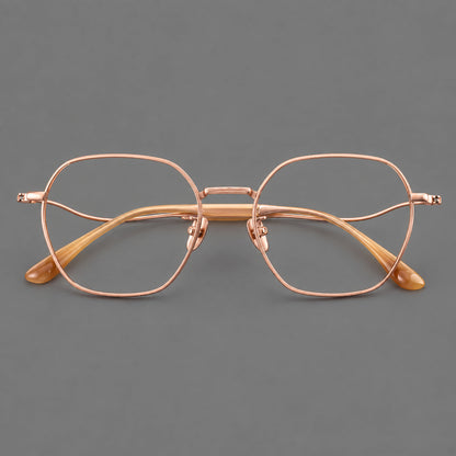 Geometric titanium glasses with engraved rim edges and curved temple joins in Rose Gold, front view additional product view
