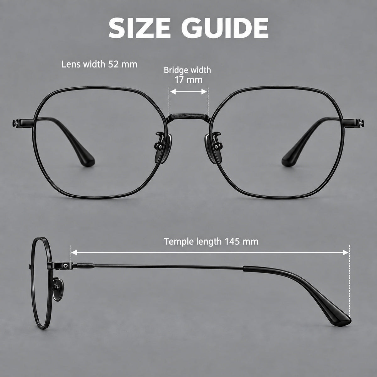 Geometric titanium glasses with engraved rim edges and curved temple joins, size guide in millimetres