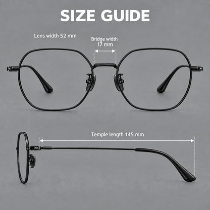 Geometric titanium glasses with engraved rim edges and curved temple joins, size guide in millimetres additional product view