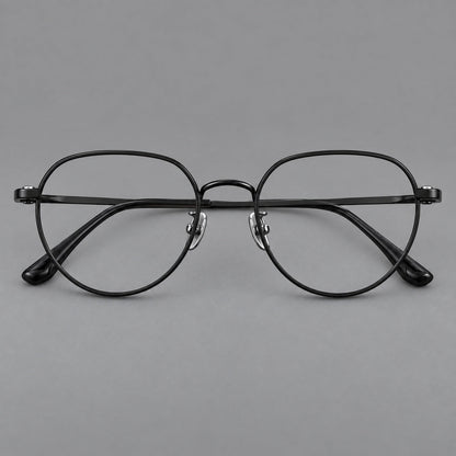 Classic panto titanium glasses with a curved bridge and slim straight temples in Black, front view side view