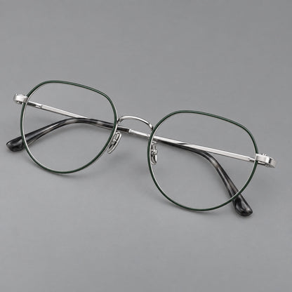 Classic panto titanium glasses with a curved bridge and slim straight temples in Dark Green and Silver, three quarter view front view