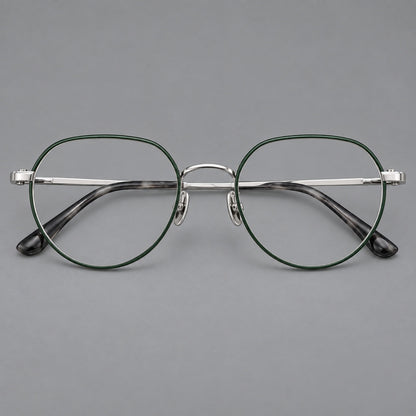 Classic panto titanium glasses with a curved bridge and slim straight temples in Dark Green and Silver, front view frame detail