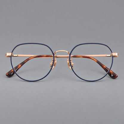 Classic panto titanium glasses with a curved bridge and slim straight temples in Blue and Rose Gold, front view temple detail