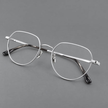 Classic panto titanium glasses with a curved bridge and slim straight temples in Silver, three quarter view additional product view