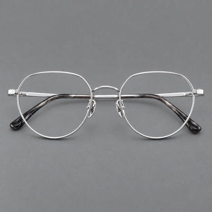 Classic panto titanium glasses with a curved bridge and slim straight temples in Silver, front view additional product view