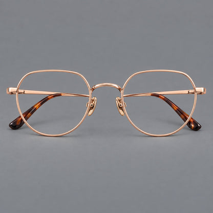 Classic panto titanium glasses with a curved bridge and slim straight temples in Rose Gold, front view additional product view