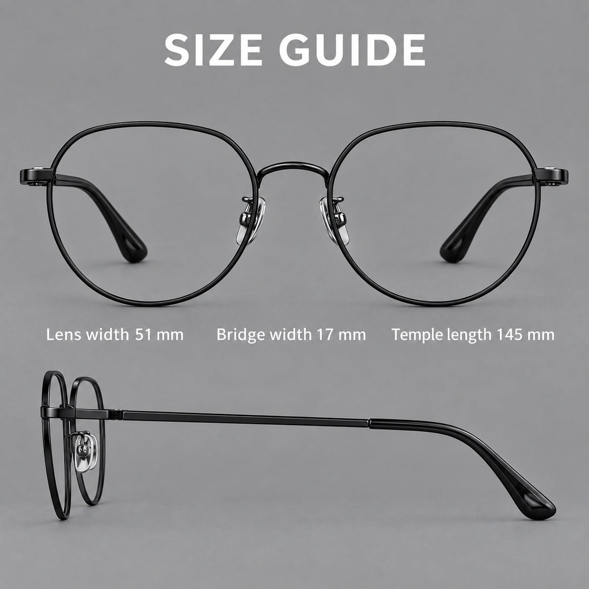 Classic panto titanium glasses with a curved bridge and slim straight temples, size guide in millimetres