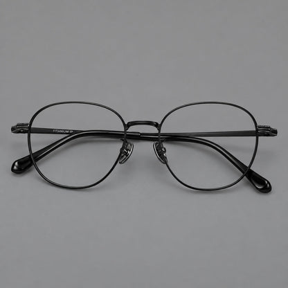 Retro panto titanium glasses with stepped corners and finely engraved temples in Black, front view side view