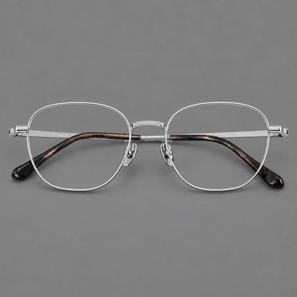 Retro panto titanium glasses with stepped corners and finely engraved temples in Silver, front view additional product view