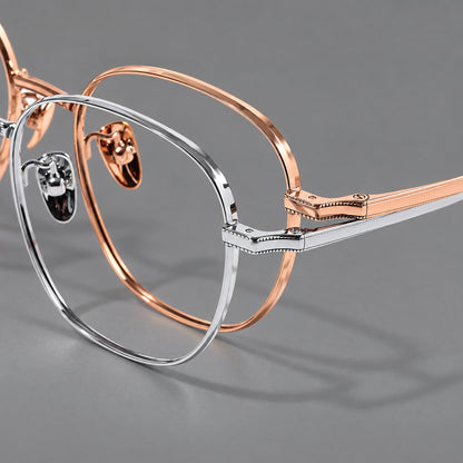 Retro panto titanium glasses with stepped corners and finely engraved temples, frame details additional product view