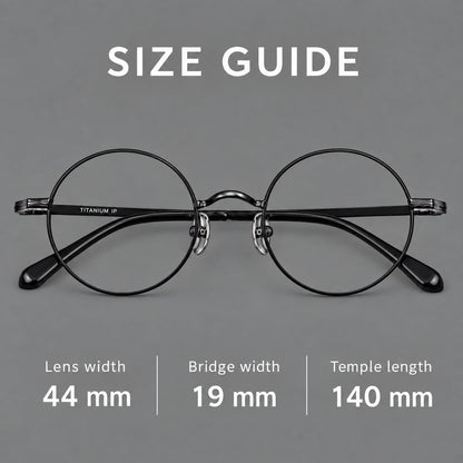 Compact circular titanium glasses with a curved bridge and wavy engraved temples, size guide in millimetres additional product view