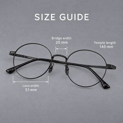 Classic circular titanium glasses with a raised bridge and lined temple accents, size guide in millimetres additional product view